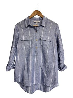 Coastal Linen Blend Striped Blouse Roll Tab Sleeve Shirt Ellen Tracy M